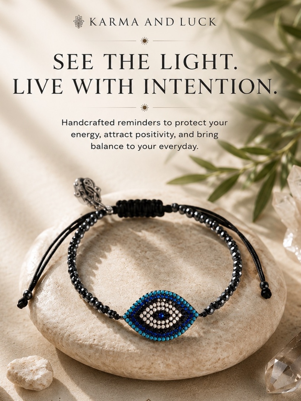 Karma and Luck Bright Outlook Hematite Evil Eye Bracelet Adjustable Protec Charm